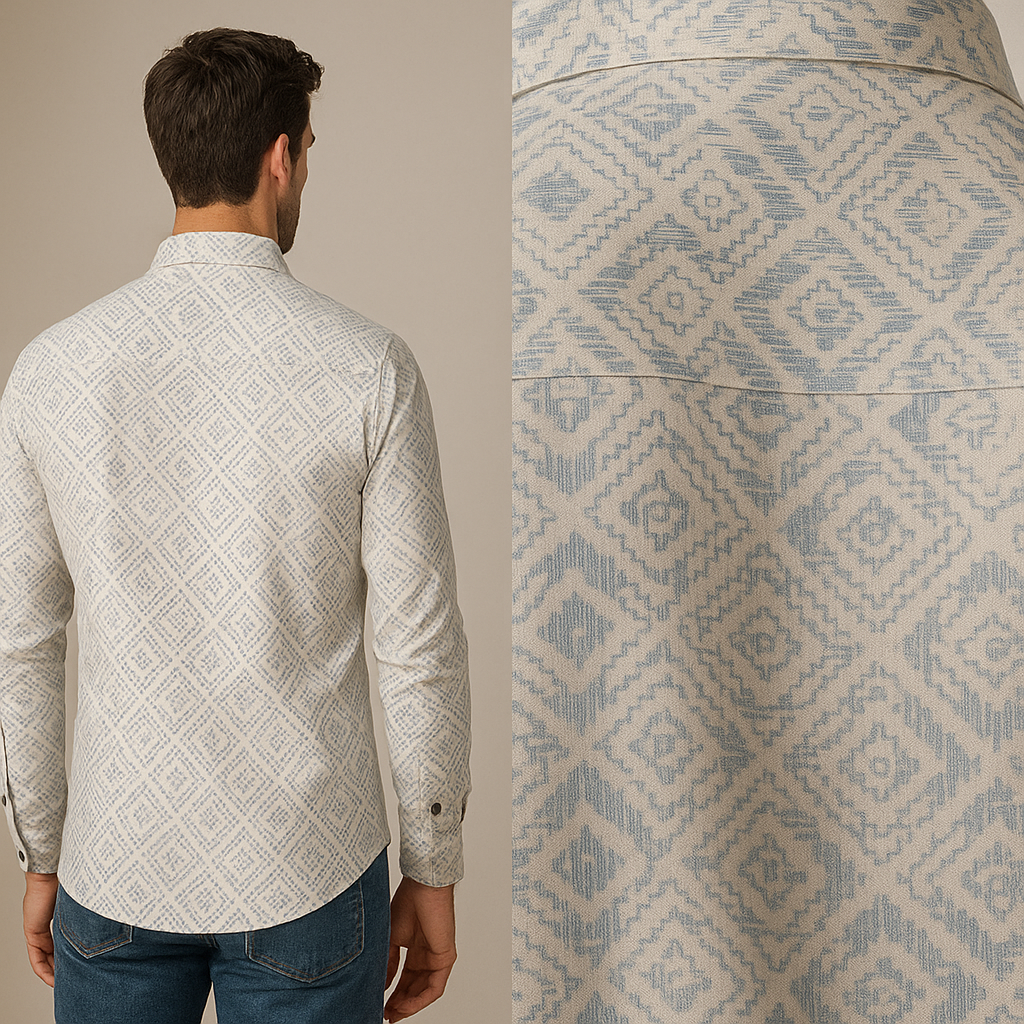 men’s premium cotton printed casual shirt – soft white with light blue geometric pattern - 26240