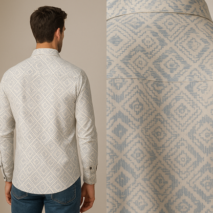 Men’s Premium Cotton Printed Casual Shirt – Soft White with Light Blue Geometric Pattern - 26240