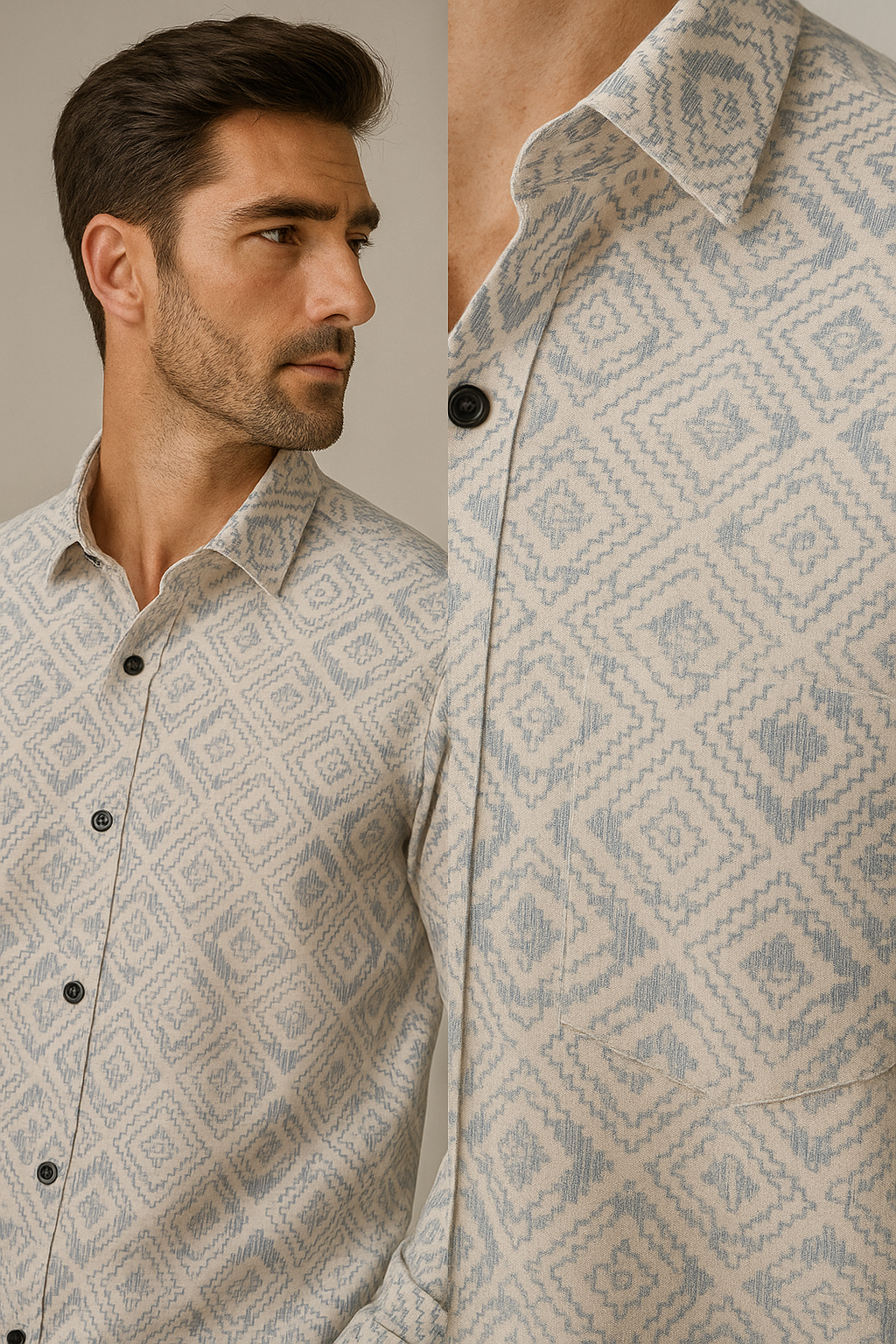 men’s premium cotton printed casual shirt – soft white with light blue geometric pattern - 26240