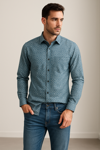 Men’s Premium Cotton Printed Casual Shirt – Sky Blue Ikat Pattern - 26241