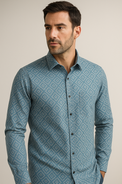Men’s Premium Cotton Printed Casual Shirt – Sky Blue Ikat Pattern - 26241