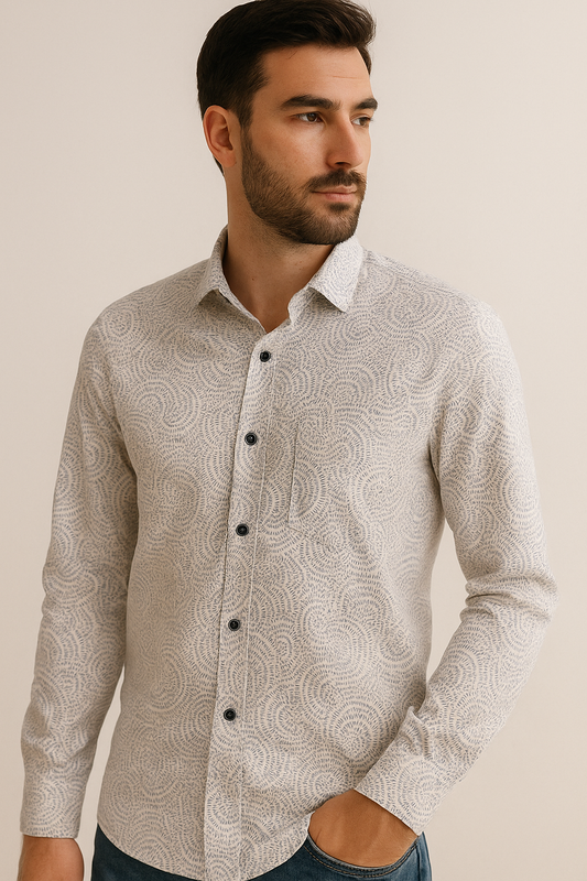 Men’s Premium Cotton Printed Casual Shirt – Light Beige with Blue Spiral Pattern - 26242