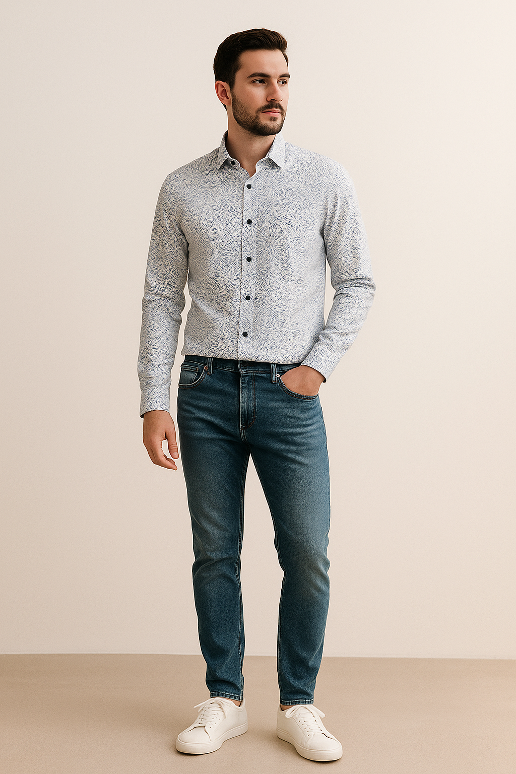 men’s premium cotton printed casual shirt – light beige with blue spiral pattern - 26242