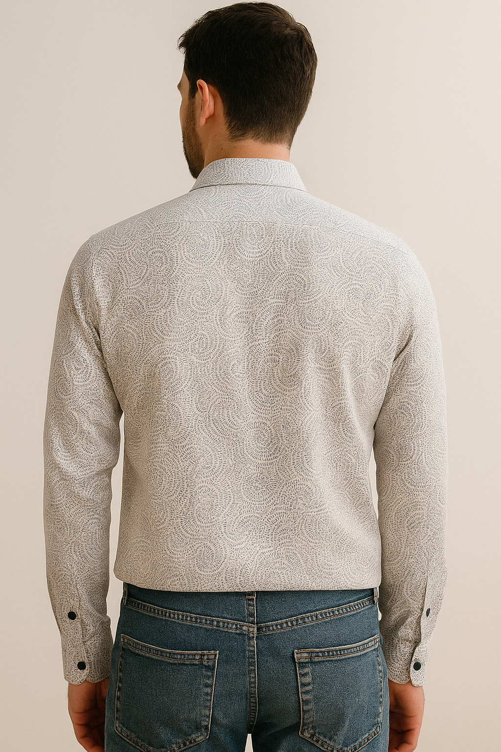 men’s premium cotton printed casual shirt – light beige with blue spiral pattern - 26242