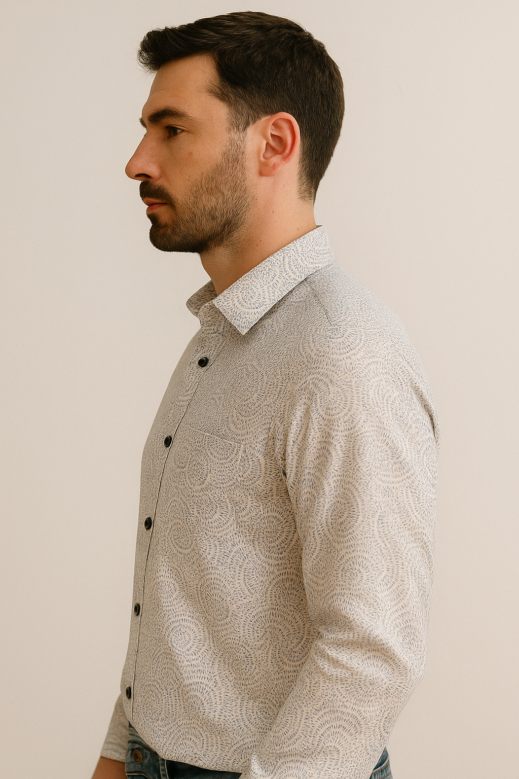 men’s premium cotton printed casual shirt – light beige with blue spiral pattern - 26242