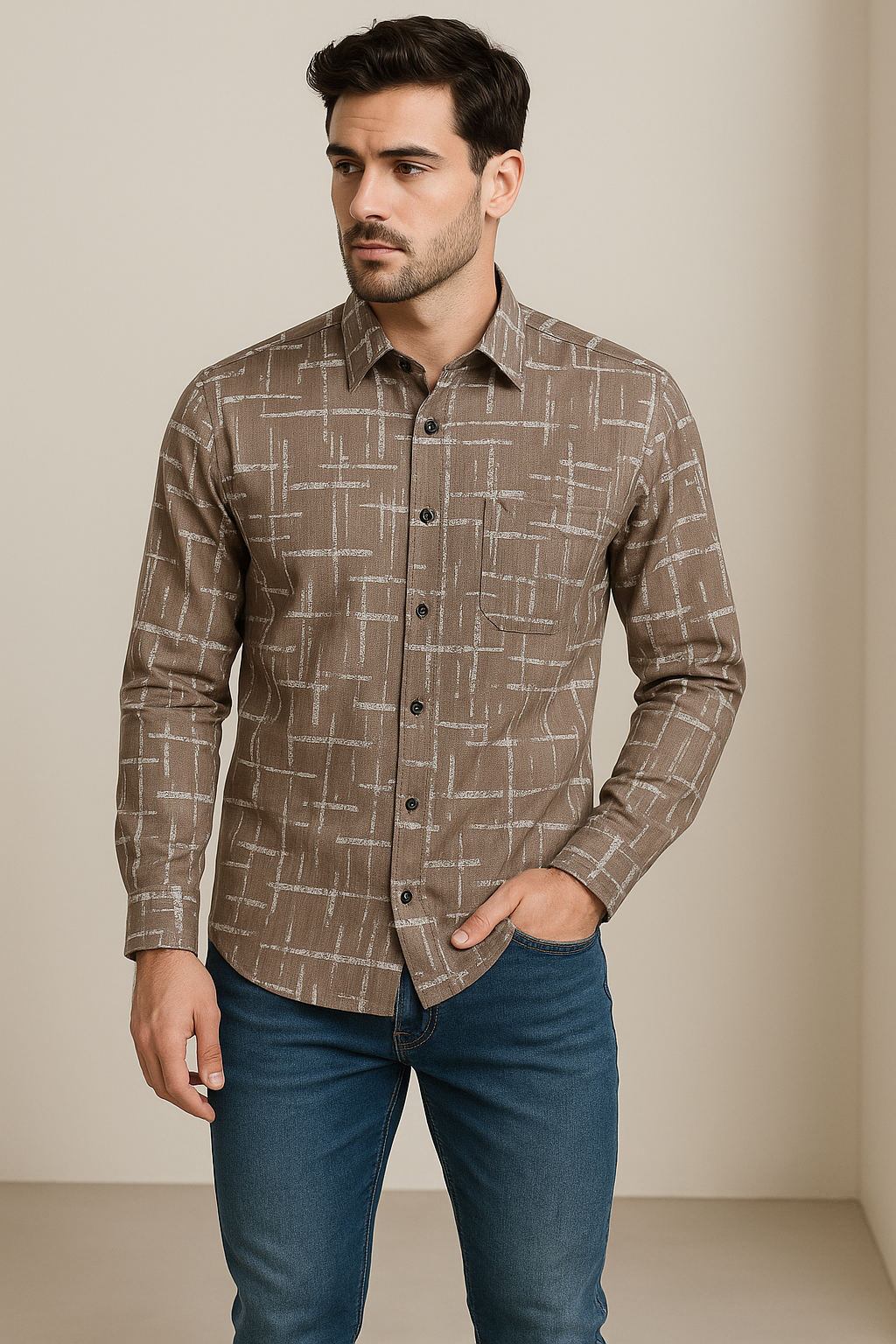 men’s premium printed casual shirt – taupe brown with abstract white pattern - 26245