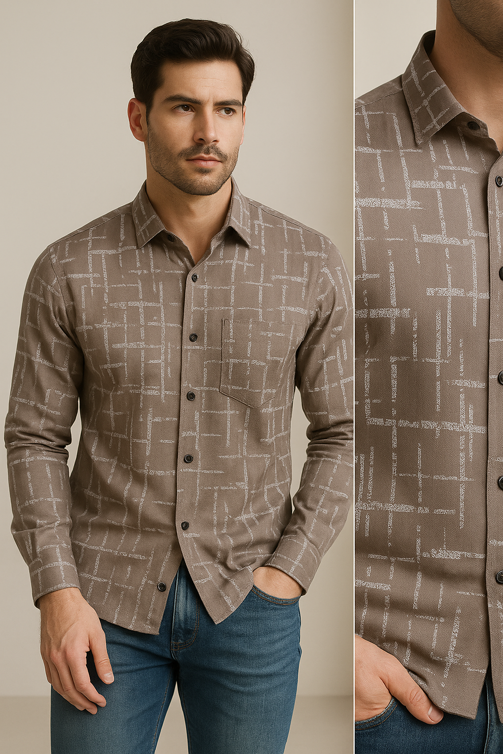 men’s premium printed casual shirt – taupe brown with abstract white pattern - 26245