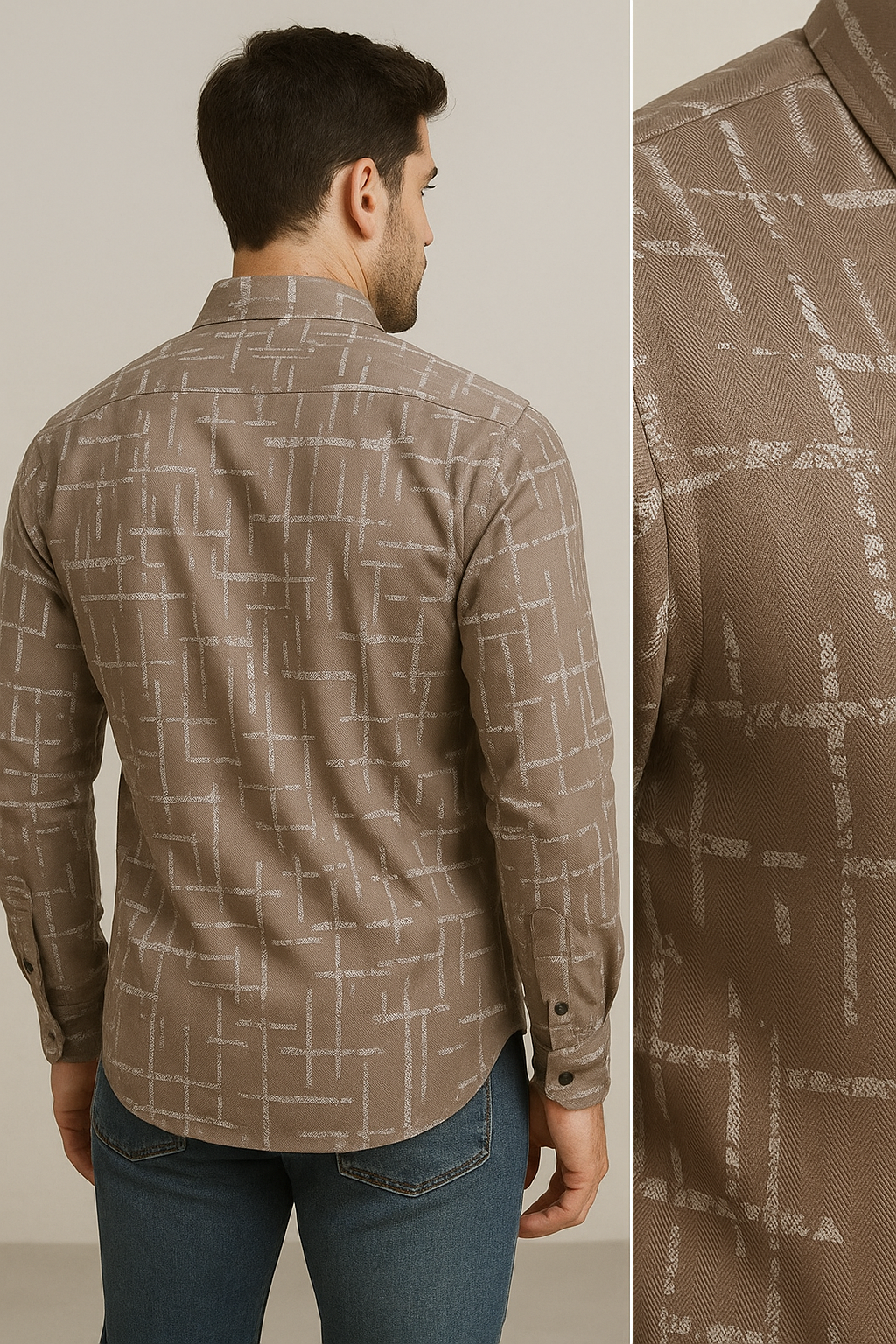 men’s premium printed casual shirt – taupe brown with abstract white pattern - 26245