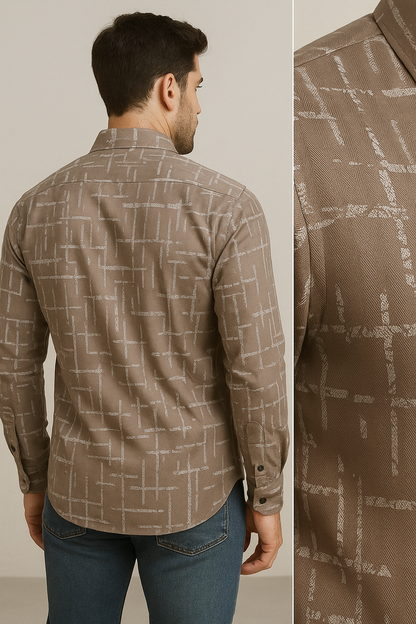 Men’s Premium Printed Casual Shirt – Taupe Brown with Abstract White Pattern - 26245