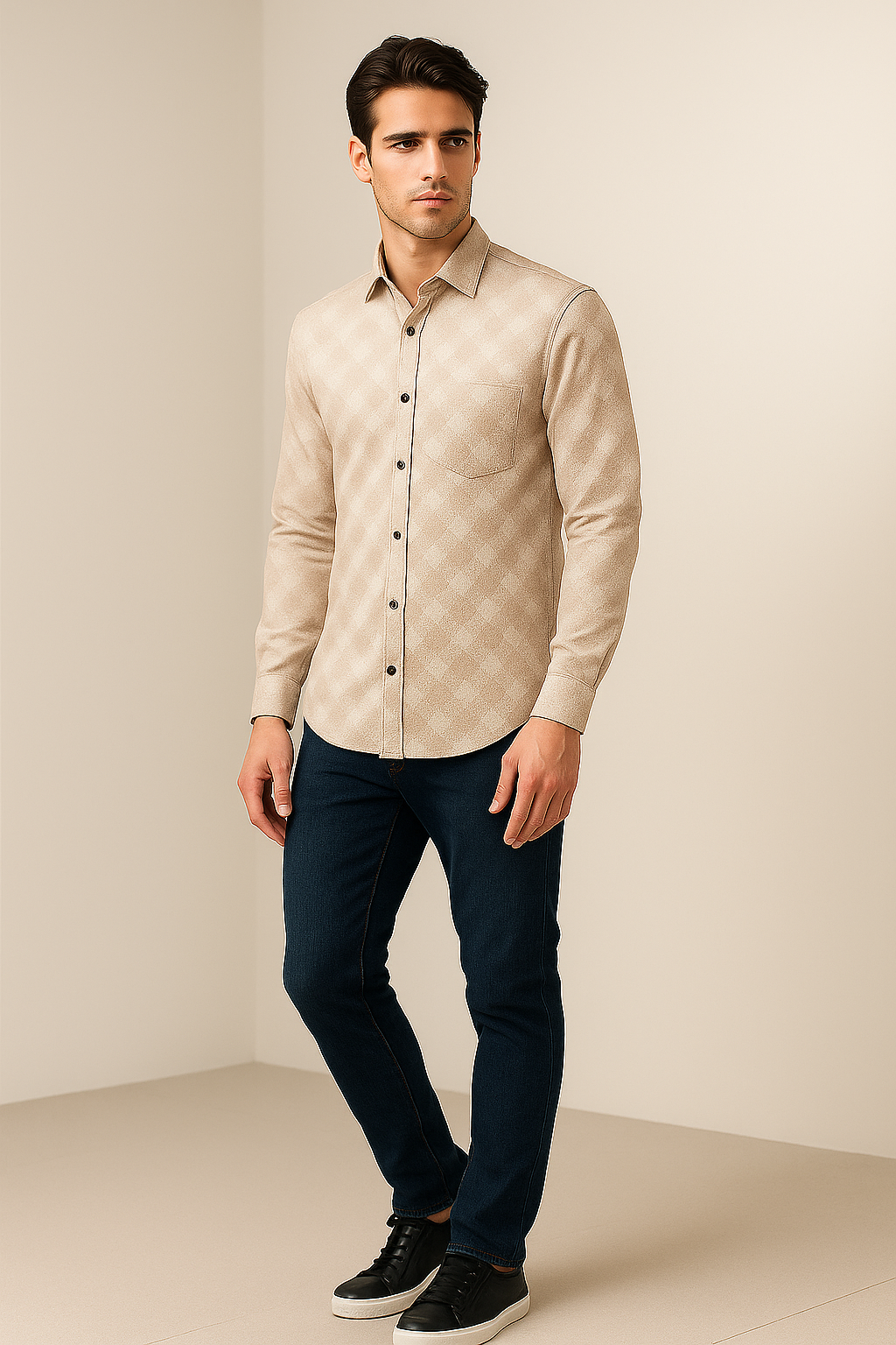 beige geometric pattern premium cotton shirt- 26248