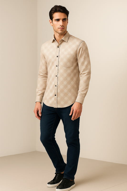 Beige Geometric Pattern Premium Cotton Shirt- 26248