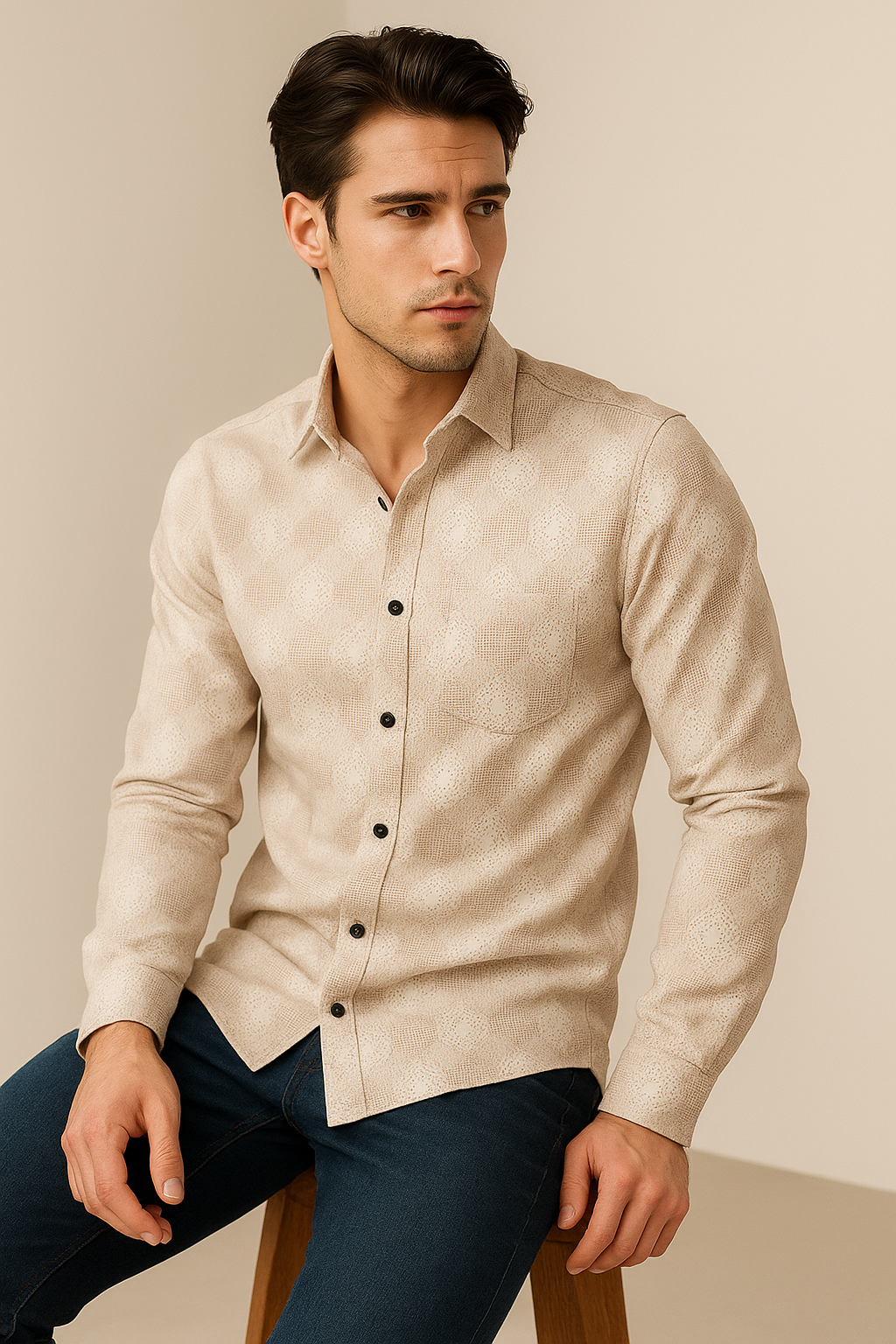 beige geometric pattern premium cotton shirt- 26248