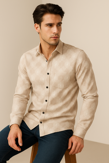 Beige Geometric Pattern Premium Cotton Shirt- 26248