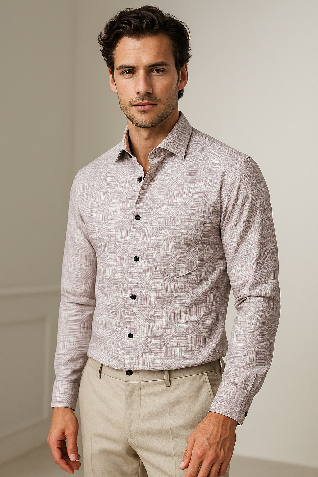 men’s premium geometric print cotton shirt – lavender & white - 26250