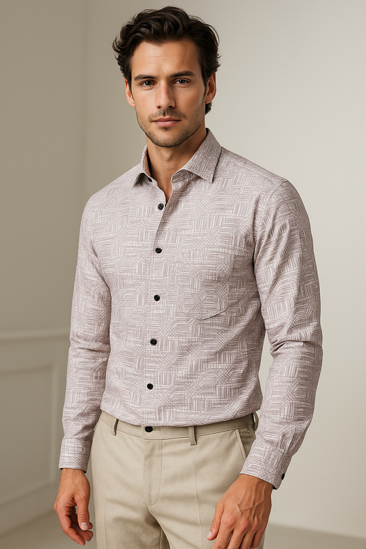 Men’s Premium Geometric Print Cotton Shirt – Lavender & White - 26250