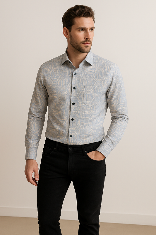Men’s Premium Printed Cotton Shirt – Light Blue Geometric Pattern - 26251