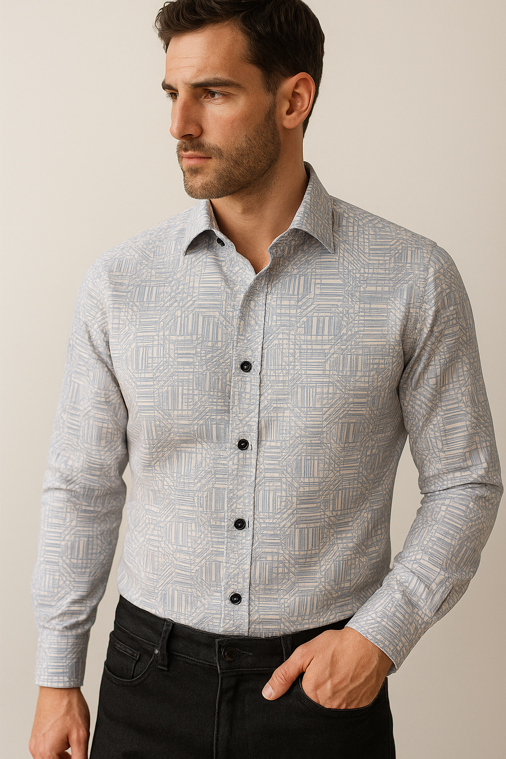 men’s premium printed cotton shirt – light blue geometric pattern - 26251