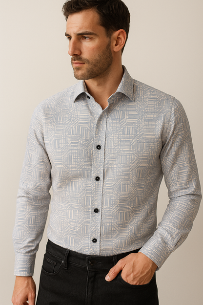 Men’s Premium Printed Cotton Shirt – Light Blue Geometric Pattern - 26251