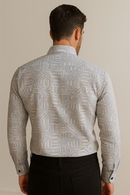 Men’s Premium Printed Cotton Shirt – Light Blue Geometric Pattern - 26251