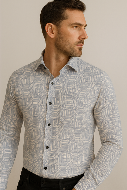 Men’s Premium Printed Cotton Shirt – Light Blue Geometric Pattern - 26251