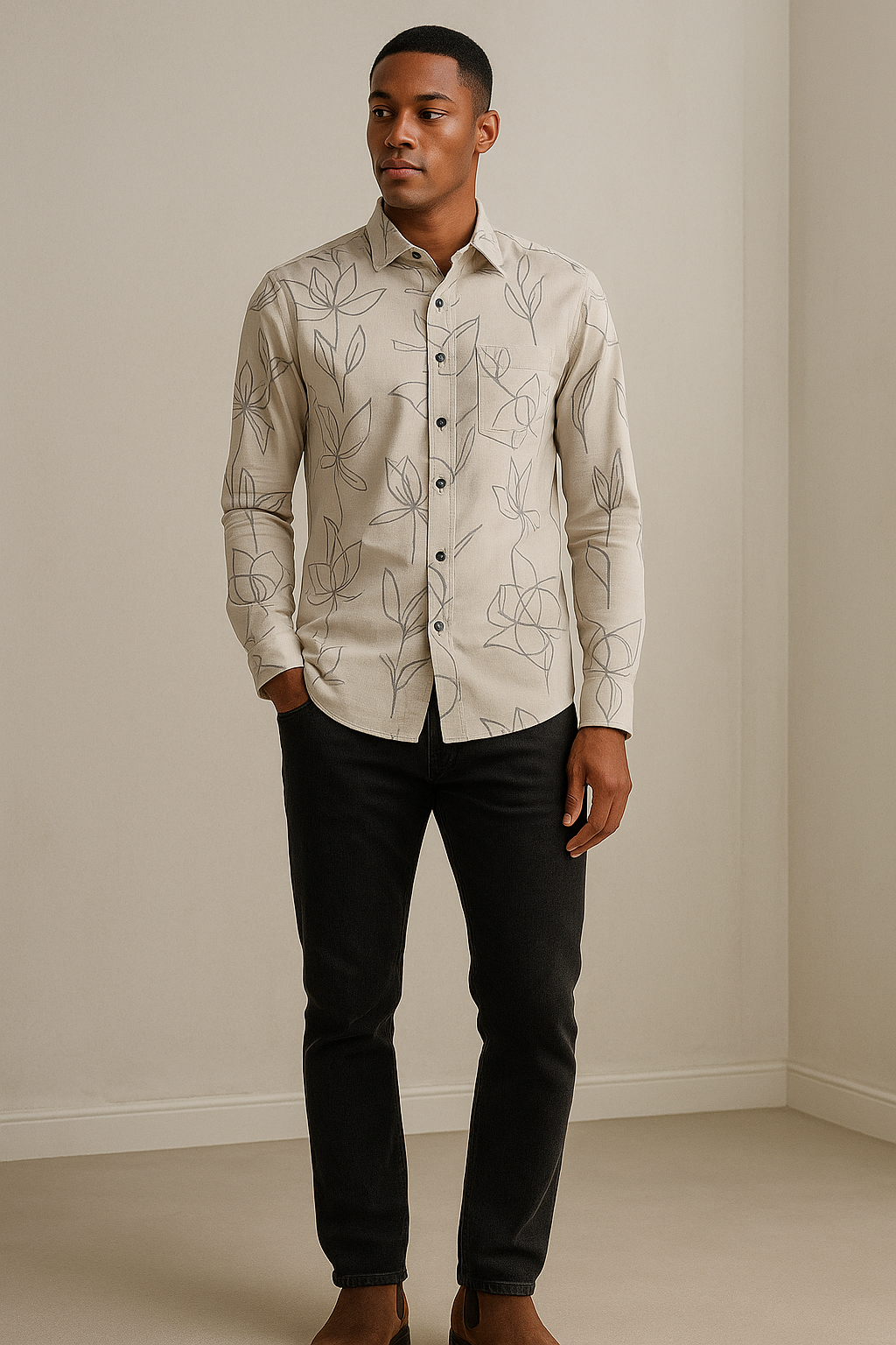men’s beige floral line-art printed casual shirt