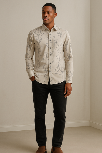 Men’s Beige Floral Line-Art Printed Casual Shirt