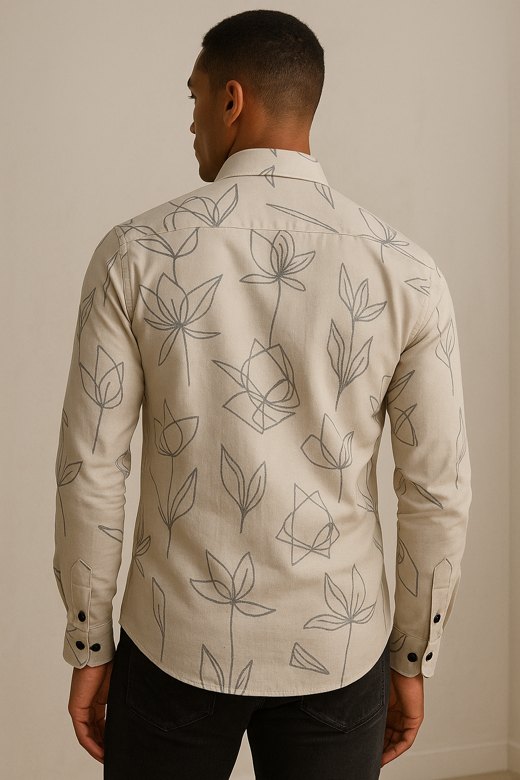 men’s beige floral line-art printed casual shirt