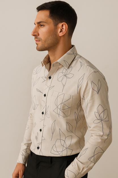 Men’s Beige Floral Line-Art Printed Casual Shirt