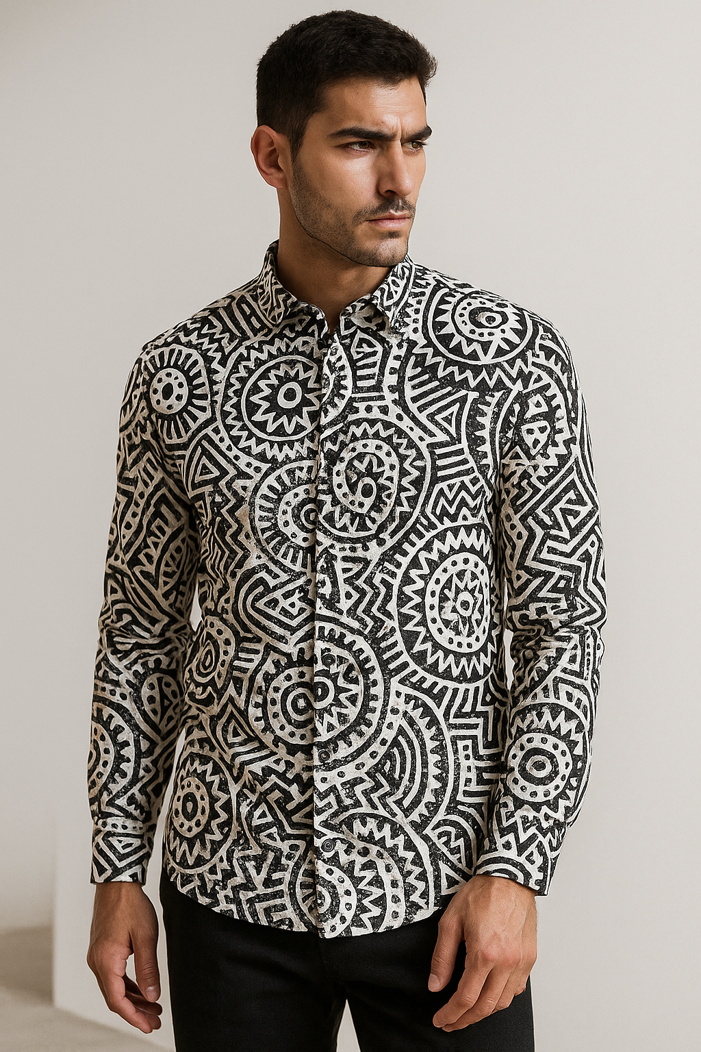 men’s black & white tribal print premium casual shirt - 26254