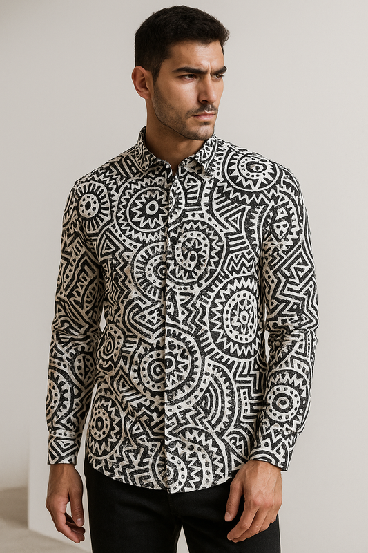 Men’s Black & White Tribal Print Premium Casual Shirt - 26254