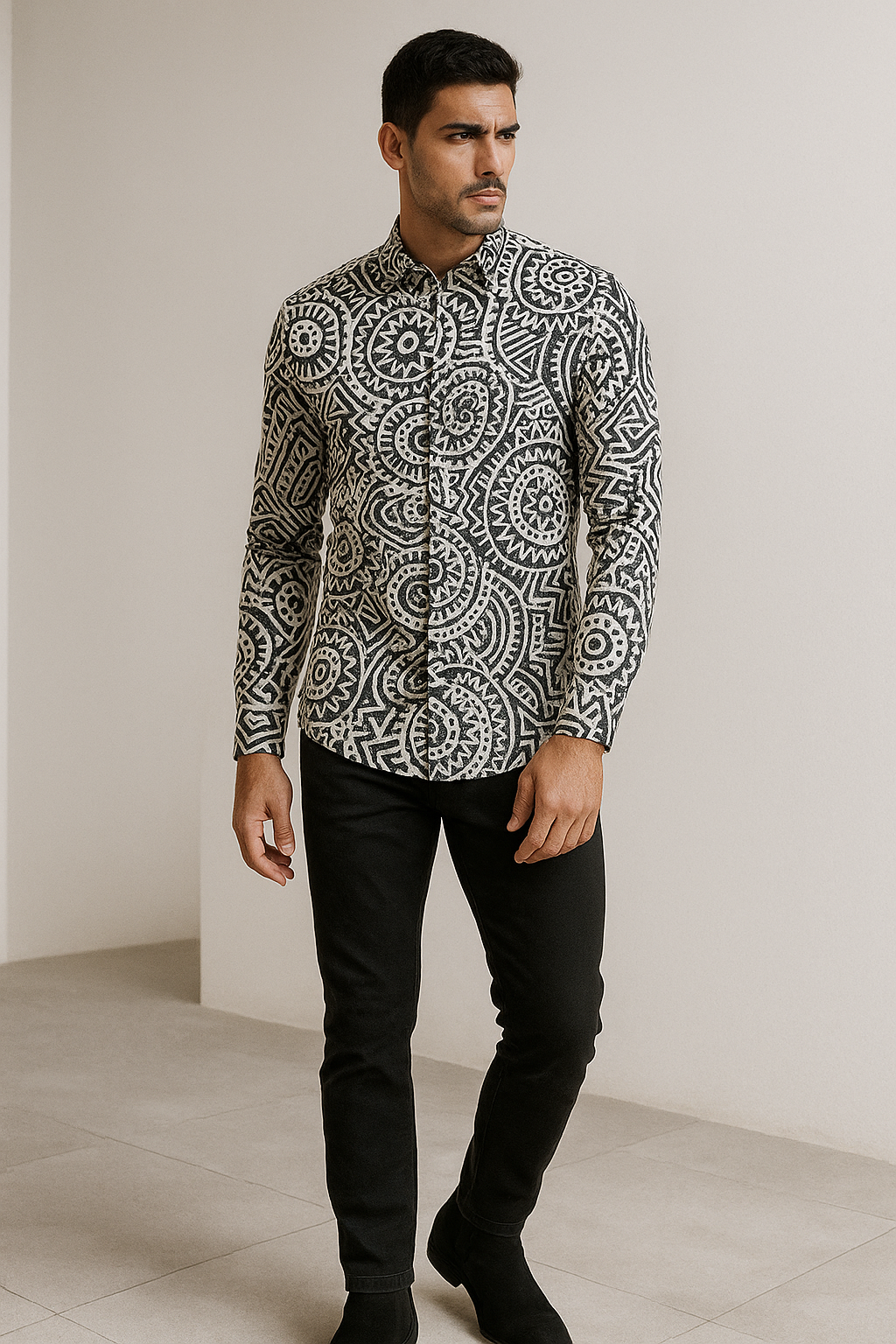 men’s black & white tribal print premium casual shirt - 26254