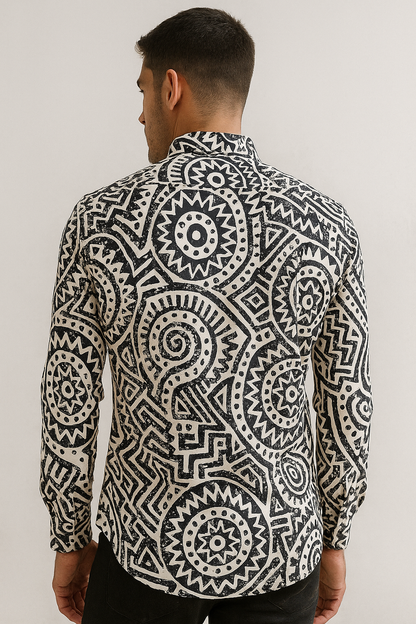 Men’s Black & White Tribal Print Premium Casual Shirt - 26254