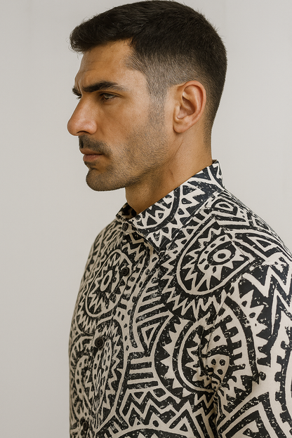 Men’s Black & White Tribal Print Premium Casual Shirt - 26254