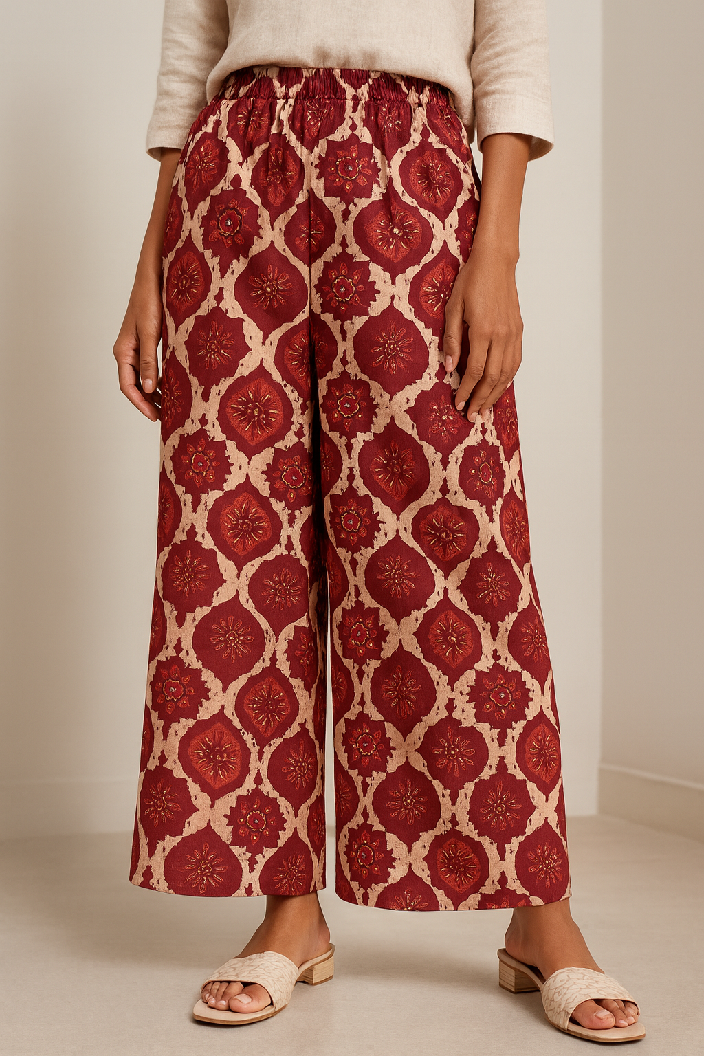 women’s red & beige ethnic floral printed palazzo - 26264