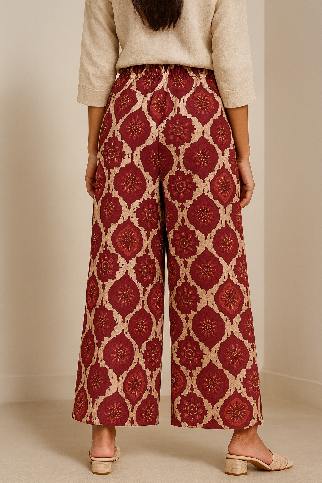 women’s red & beige ethnic floral printed palazzo - 26264