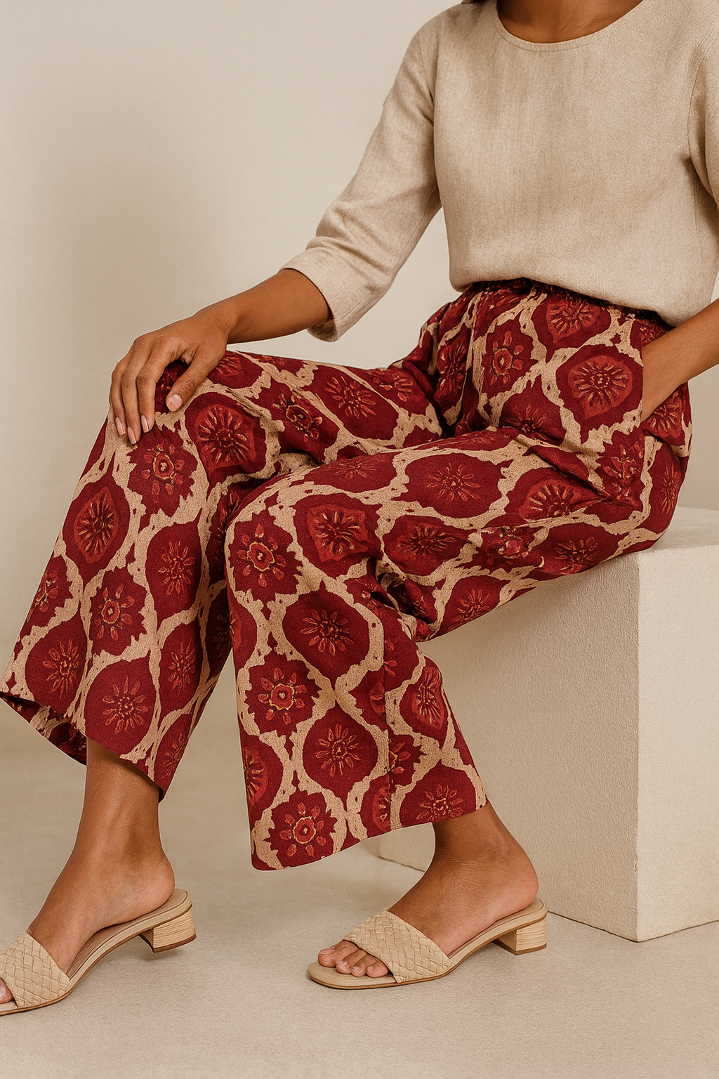 women’s red & beige ethnic floral printed palazzo - 26264