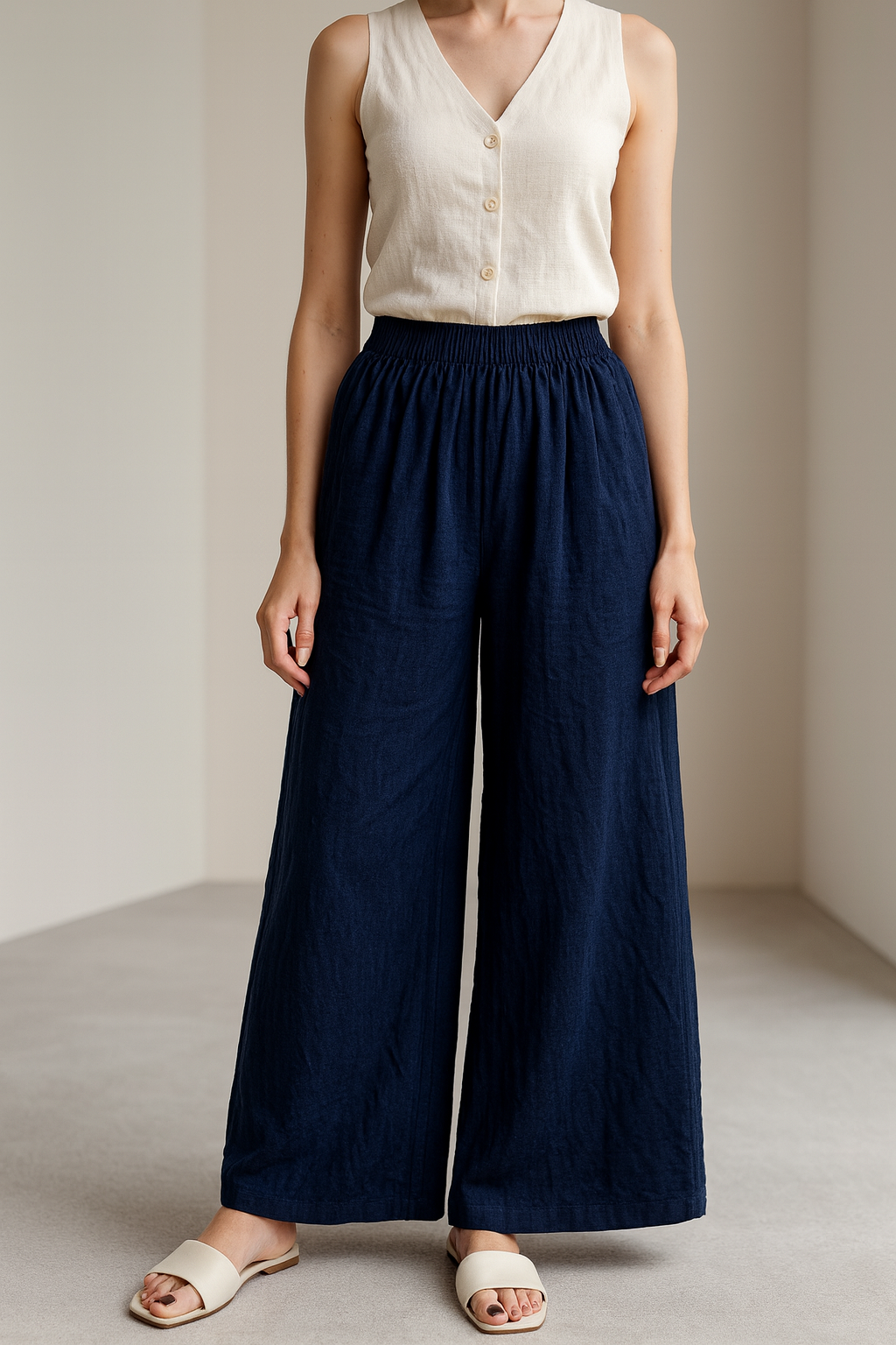 women’s solid navy blue relaxed-fit palazzo - 26276