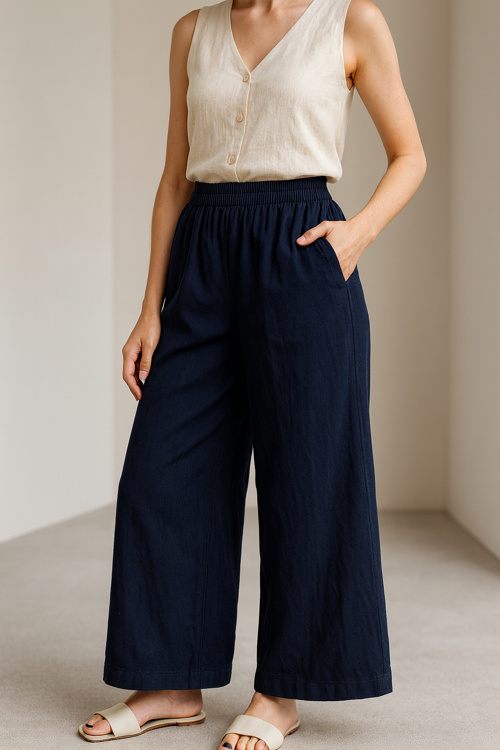 women’s solid navy blue relaxed-fit palazzo - 26276