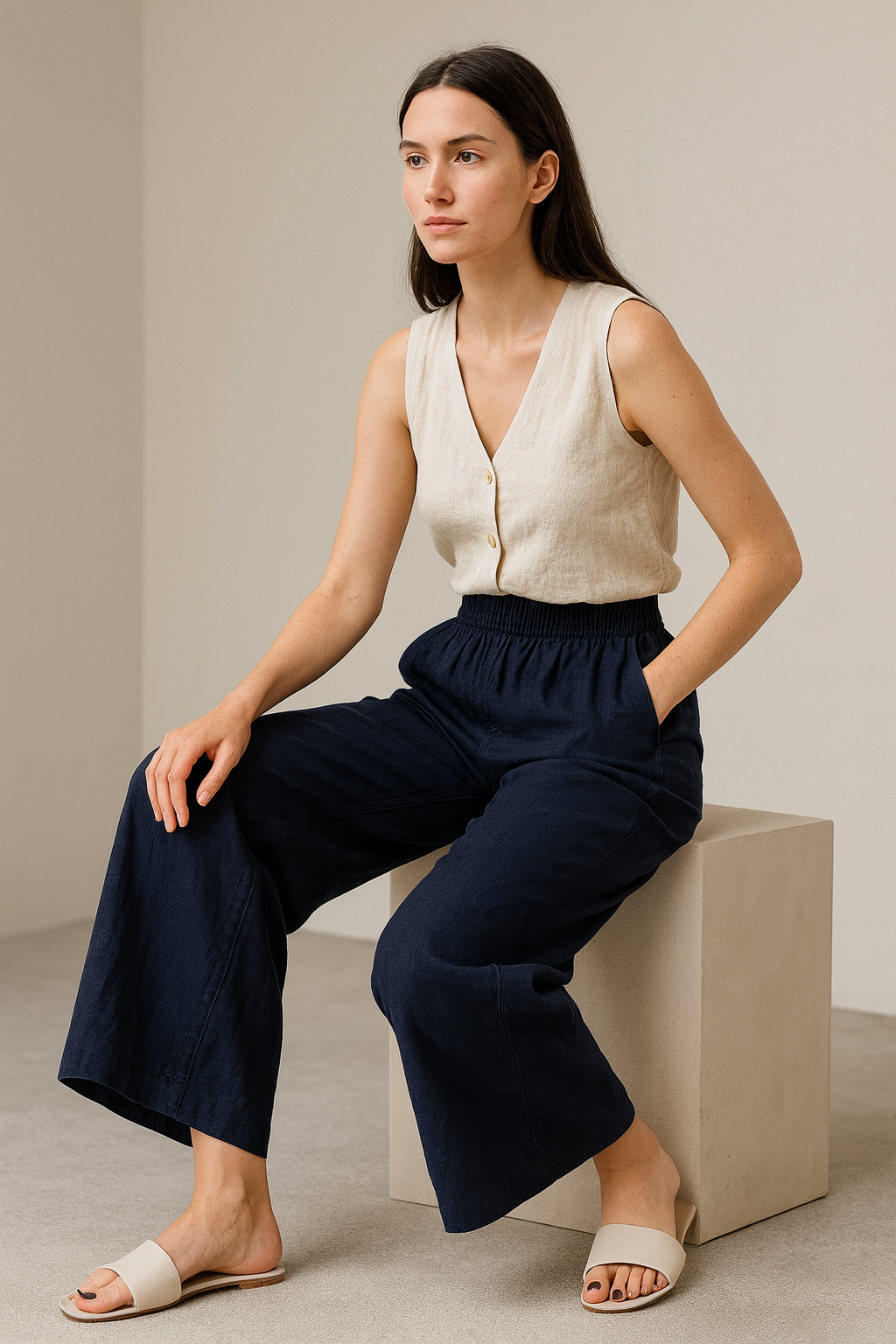 women’s solid navy blue relaxed-fit palazzo - 26276