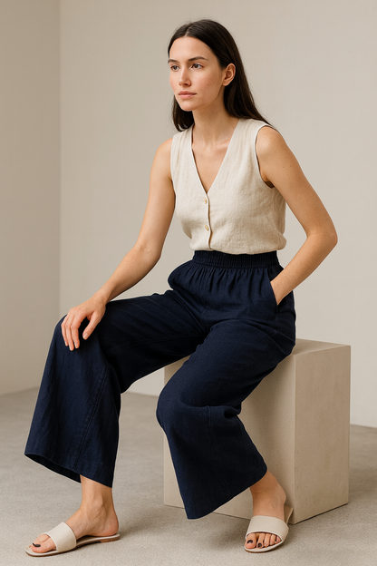 Women’s Solid Navy Blue Relaxed-Fit Palazzo - 26276