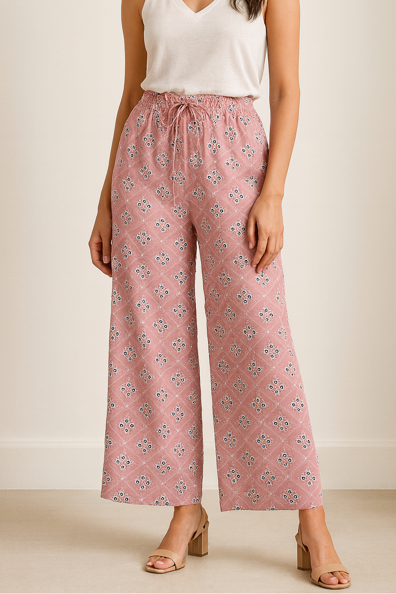Women’s Pink Printed Cotton Palazzo with Elastic Waistband - 26283