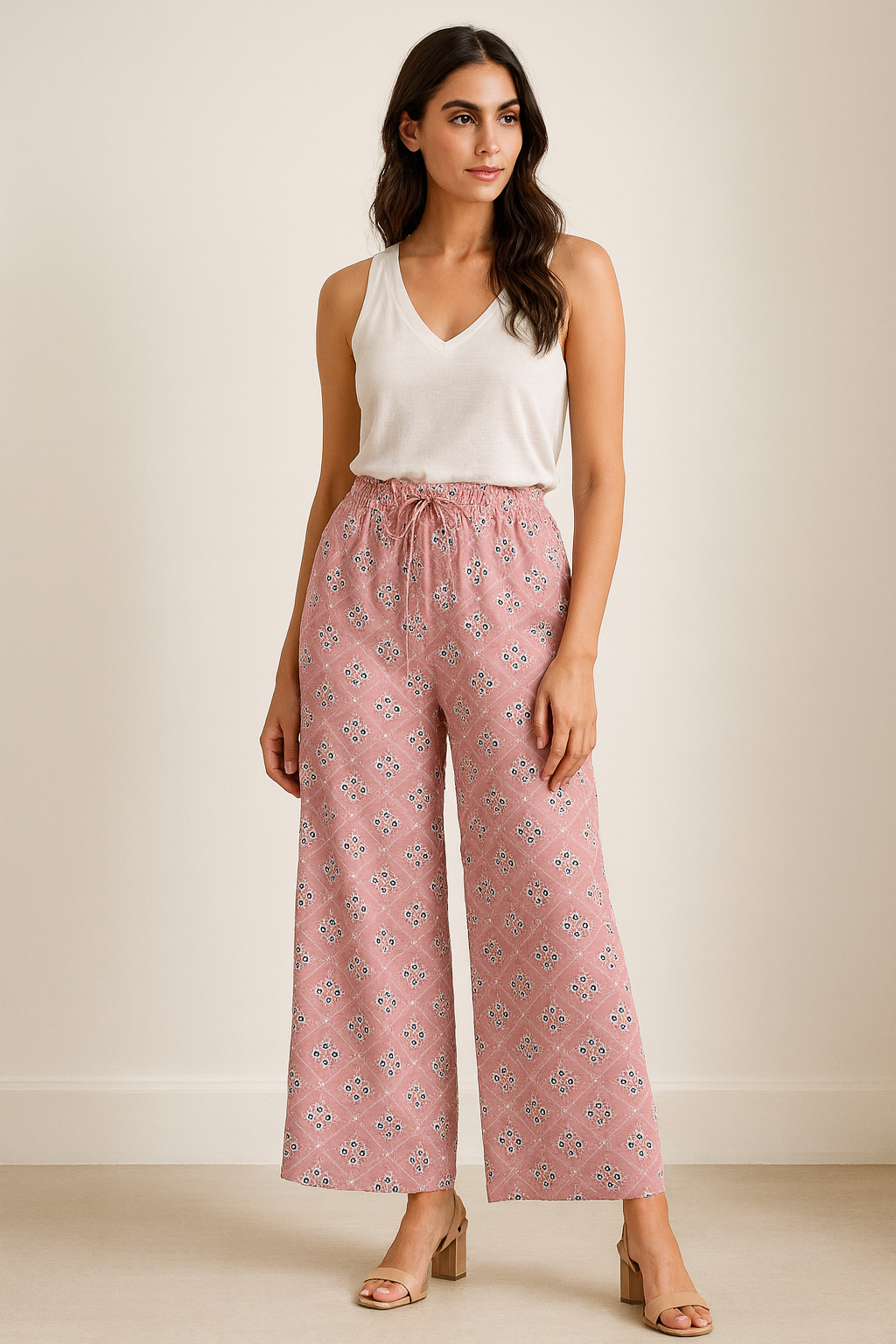 women’s pink printed cotton palazzo with elastic waistband - 26283