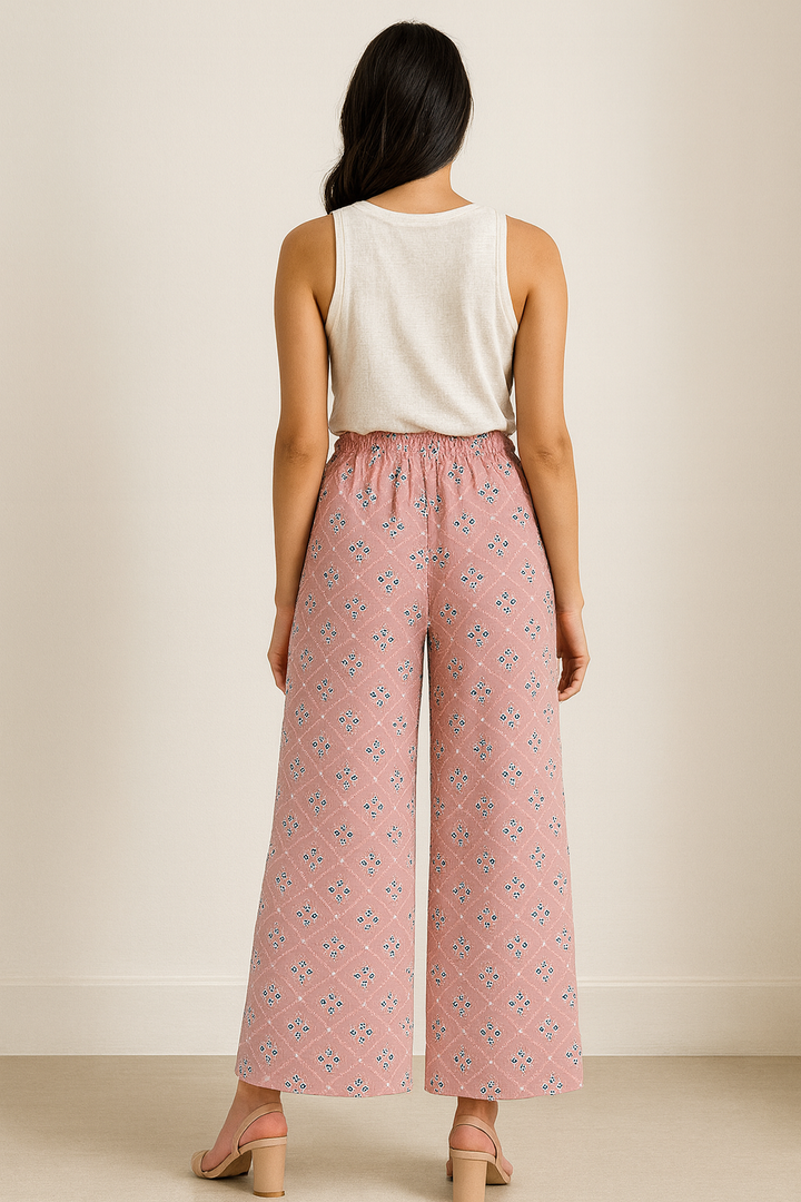 Women’s Pink Printed Cotton Palazzo with Elastic Waistband - 26283