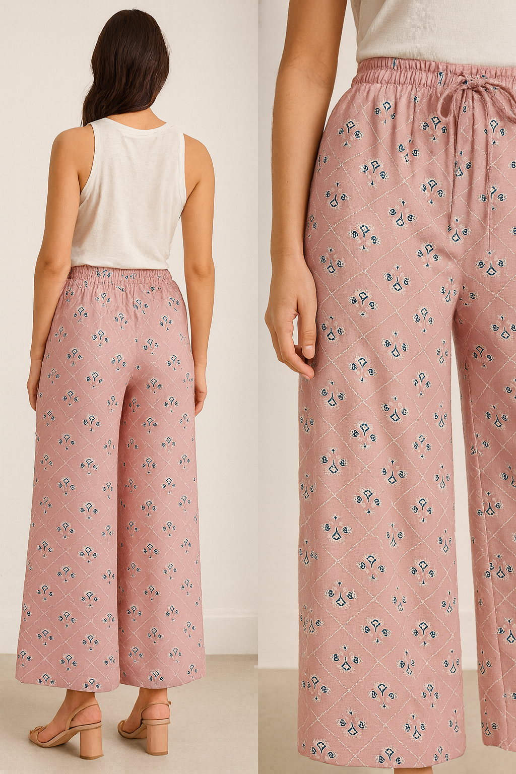 women’s pink printed cotton palazzo with elastic waistband - 26283