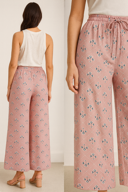 Women’s Pink Printed Cotton Palazzo with Elastic Waistband - 26283