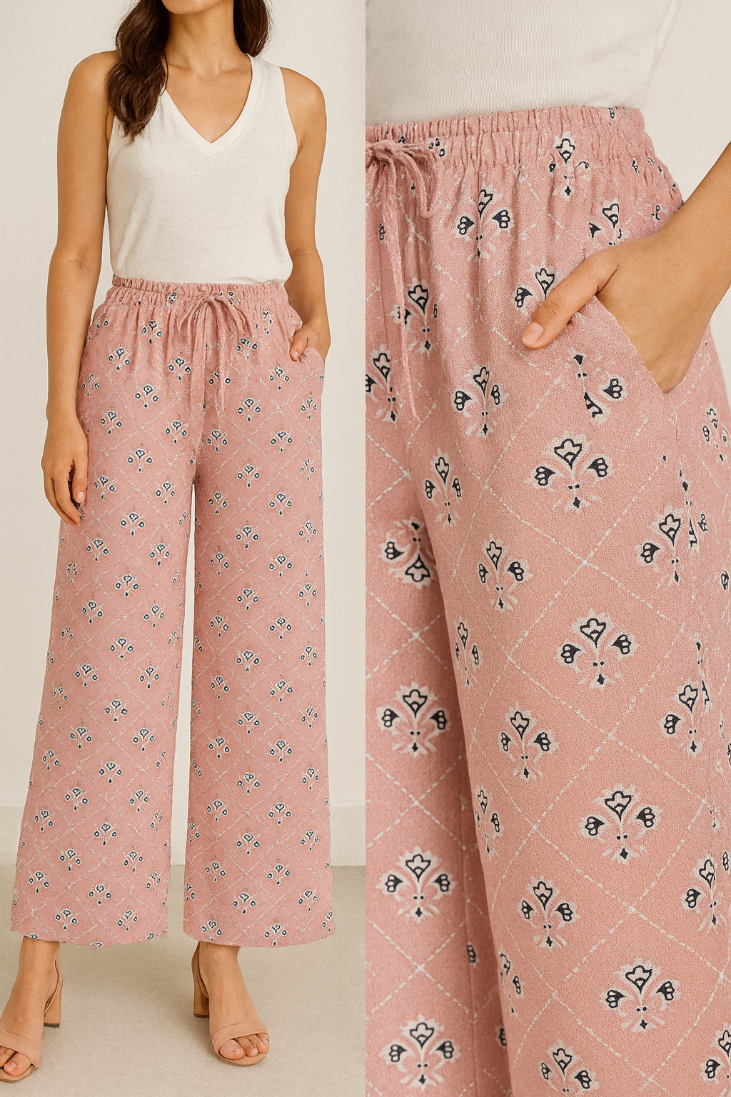 women’s pink printed cotton palazzo with elastic waistband - 26283