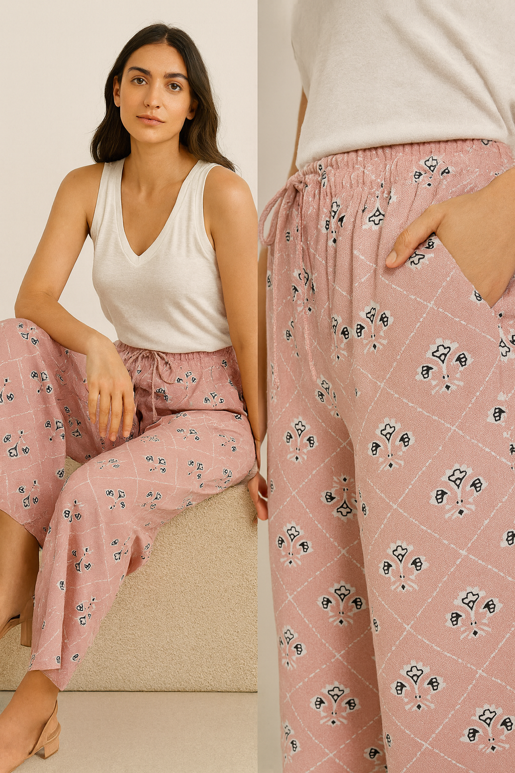 women’s pink printed cotton palazzo with elastic waistband - 26283