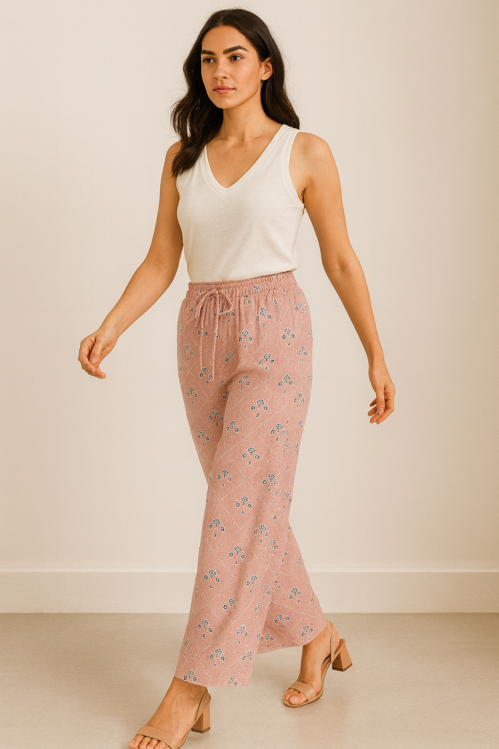 women’s pink printed cotton palazzo with elastic waistband - 26283