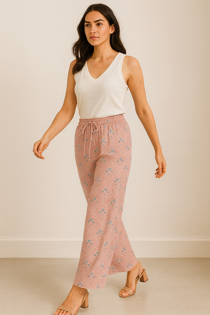 Women’s Pink Printed Cotton Palazzo with Elastic Waistband - 26283