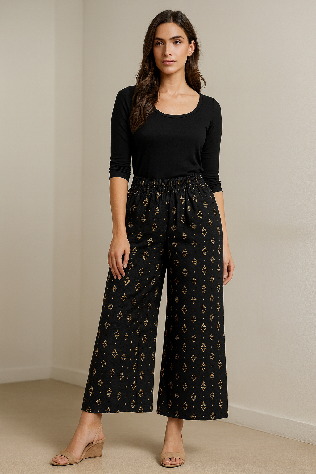 Black Ethnic Print Comfortable Rayon Palazzo for Women - 26284